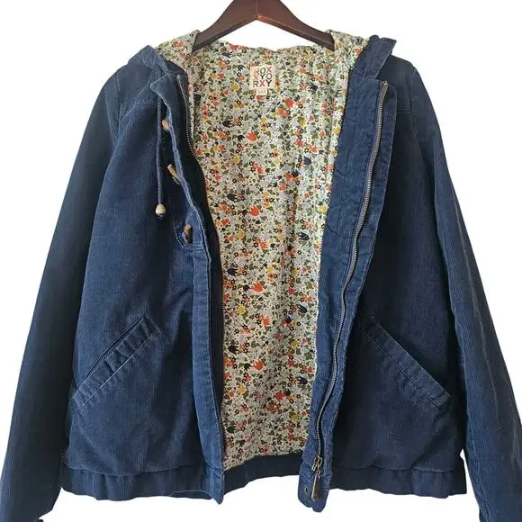 Roxy Navy Corduroy Toggle Jacket Women’s Floral Lined Hooded Coat Large - Picture 5 of 9